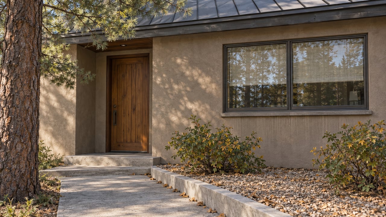 Earth-taupe stucco house with a timber front door, two-pane window, and mature pine filtering sunlight.