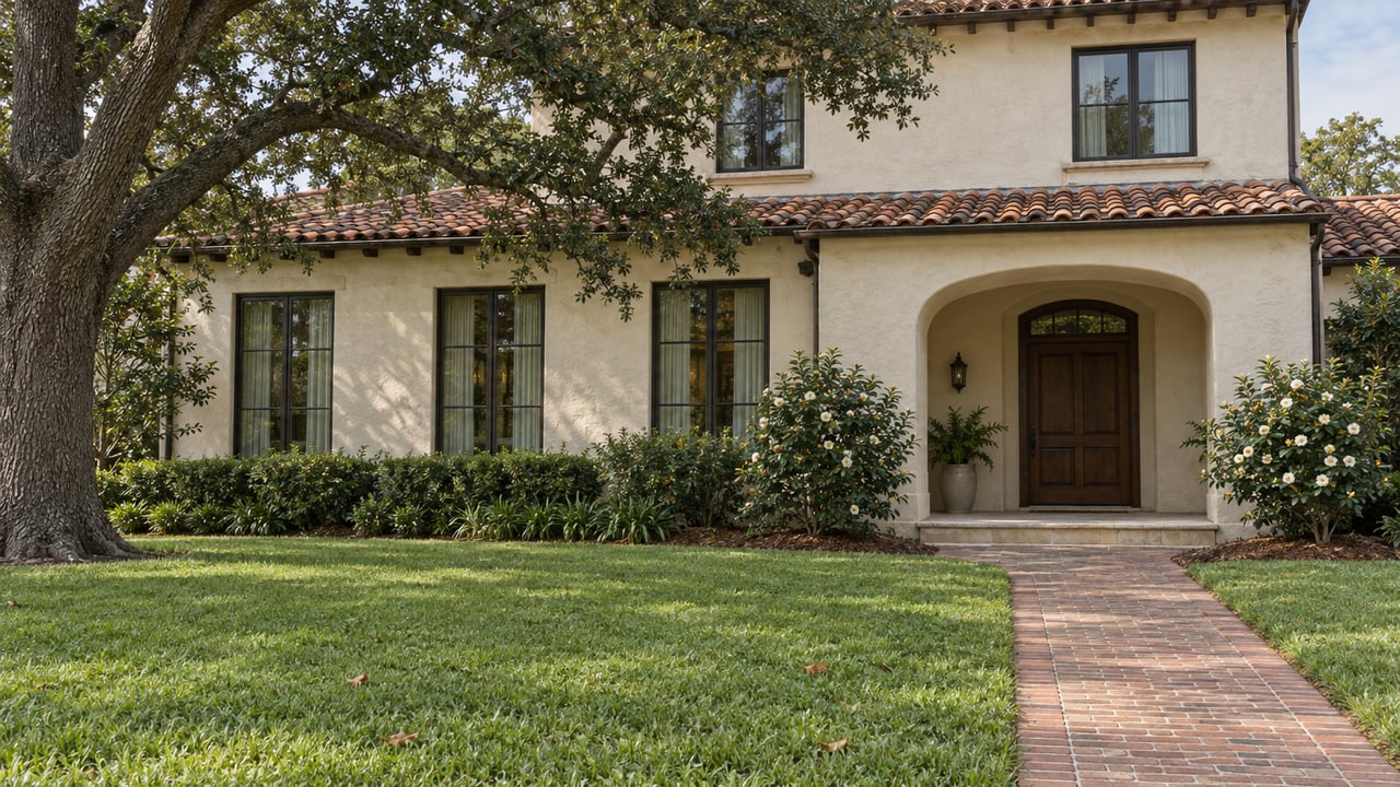 Ivory stucco home with a clay tile roof, recessed arched entry, deep green lawn and mature live oak in soft morning light.