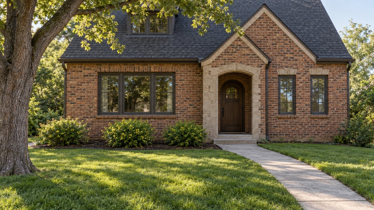 Morning light on a brick gabled home with dark casement windows, an oak entry door, and a deep lawn beneath a mature oak.