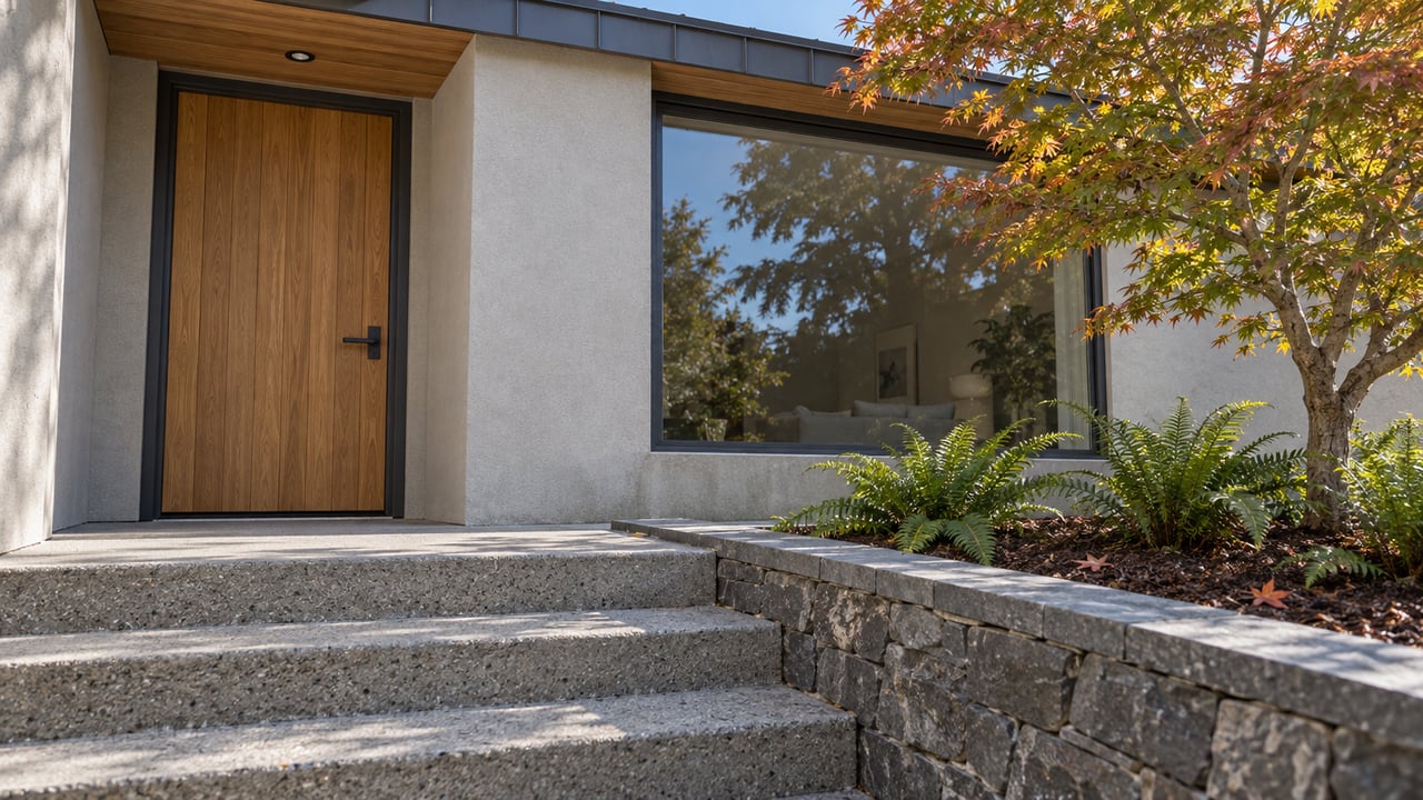 Updated stucco home with an oak entry door, charcoal-framed window, concrete steps and a maple beside a basalt retaining wall.