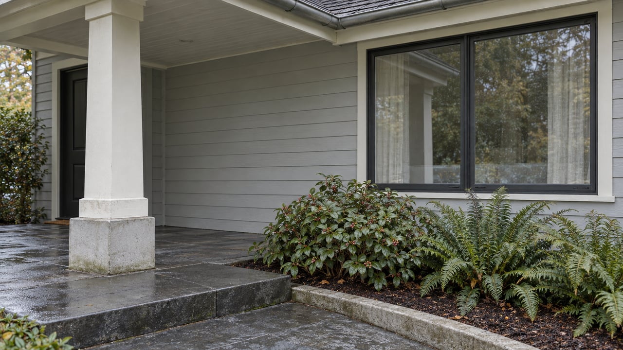 Gray-sided home with a covered porch, dark-framed window, damp basalt steps and salal and sword ferns in a bordered planting bed.