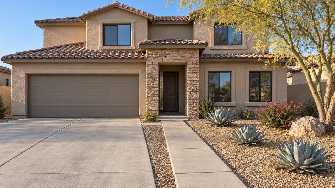 Sand-colored stucco home with tiled roof, stone entry, broad concrete driveway and sculptural desert planting in afternoon light.