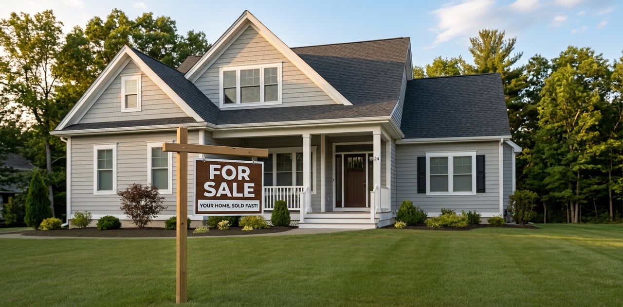 Gray two-story house with multiple gables, a covered porch, and a prominent for-sale sign.