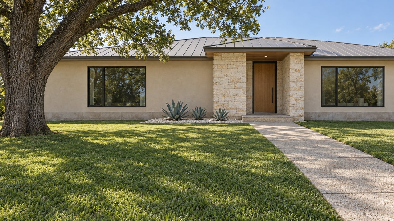 A sand-stucco home with limestone entry and bronze-framed windows sits beyond a deep lawn beneath a mature pecan tree.