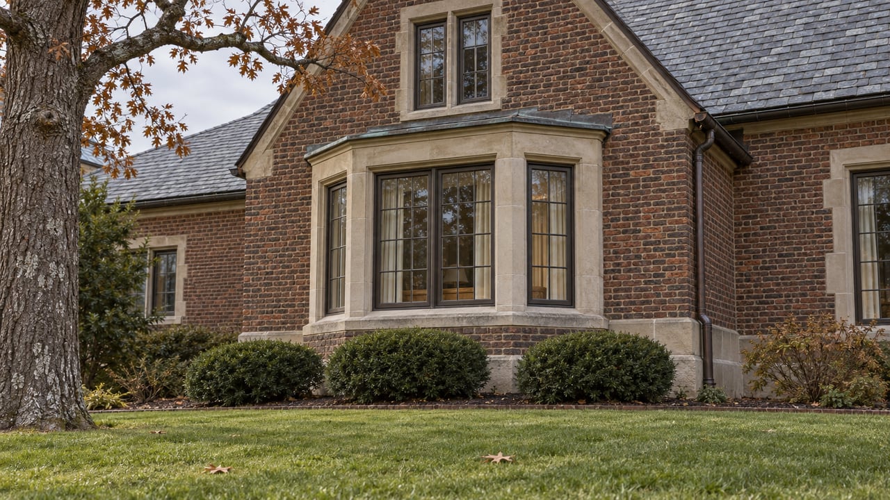 Late-fall light on a brick house's limestone window bay, slate gable and deep green front lawn.