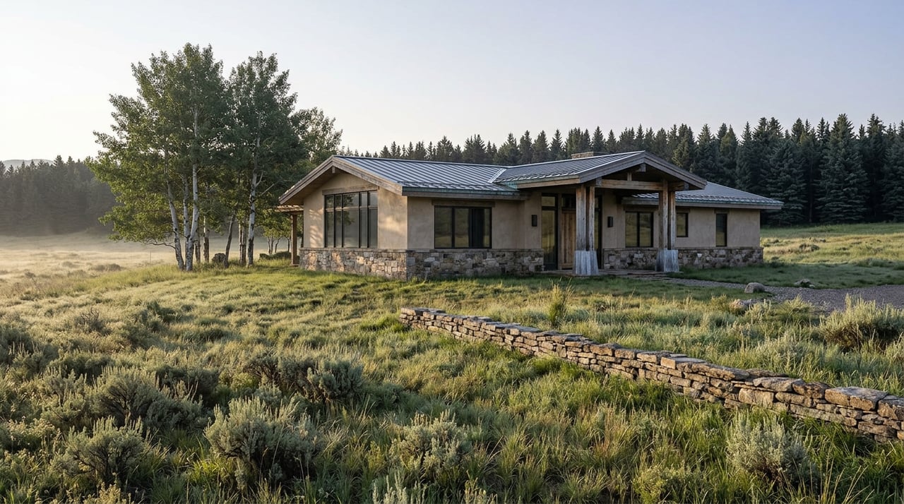 Mountain contemporary home beyond a deep meadow, with a low stone wall, aspen grove, and spruce-lined horizon.
