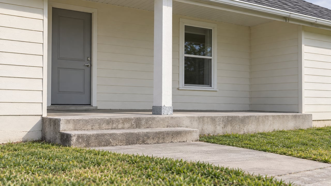 Low close view of a cream-sided home's concrete porch steps, square support post and closed front door beside a green lawn.