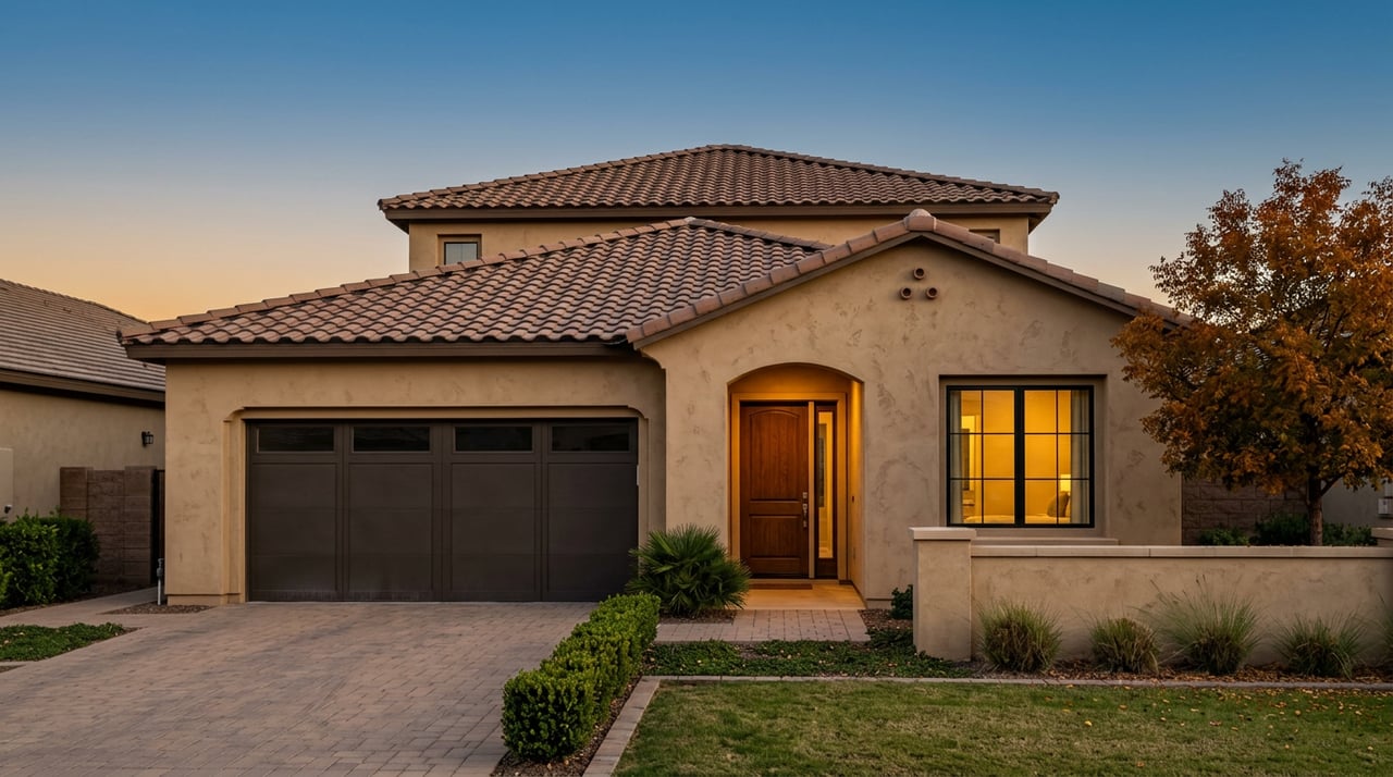 Two-story tan stucco home with a clay tile roof, three-car garage, arched entry, and warm glowing windows at dusk.