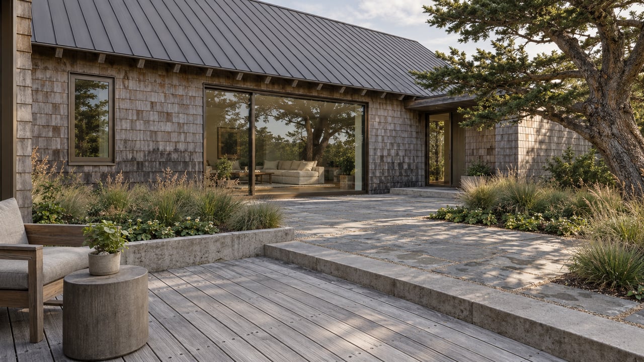 Weathered cedar home with a glazed living room facing a stone courtyard, native planting beds, and a sculptural cypress.