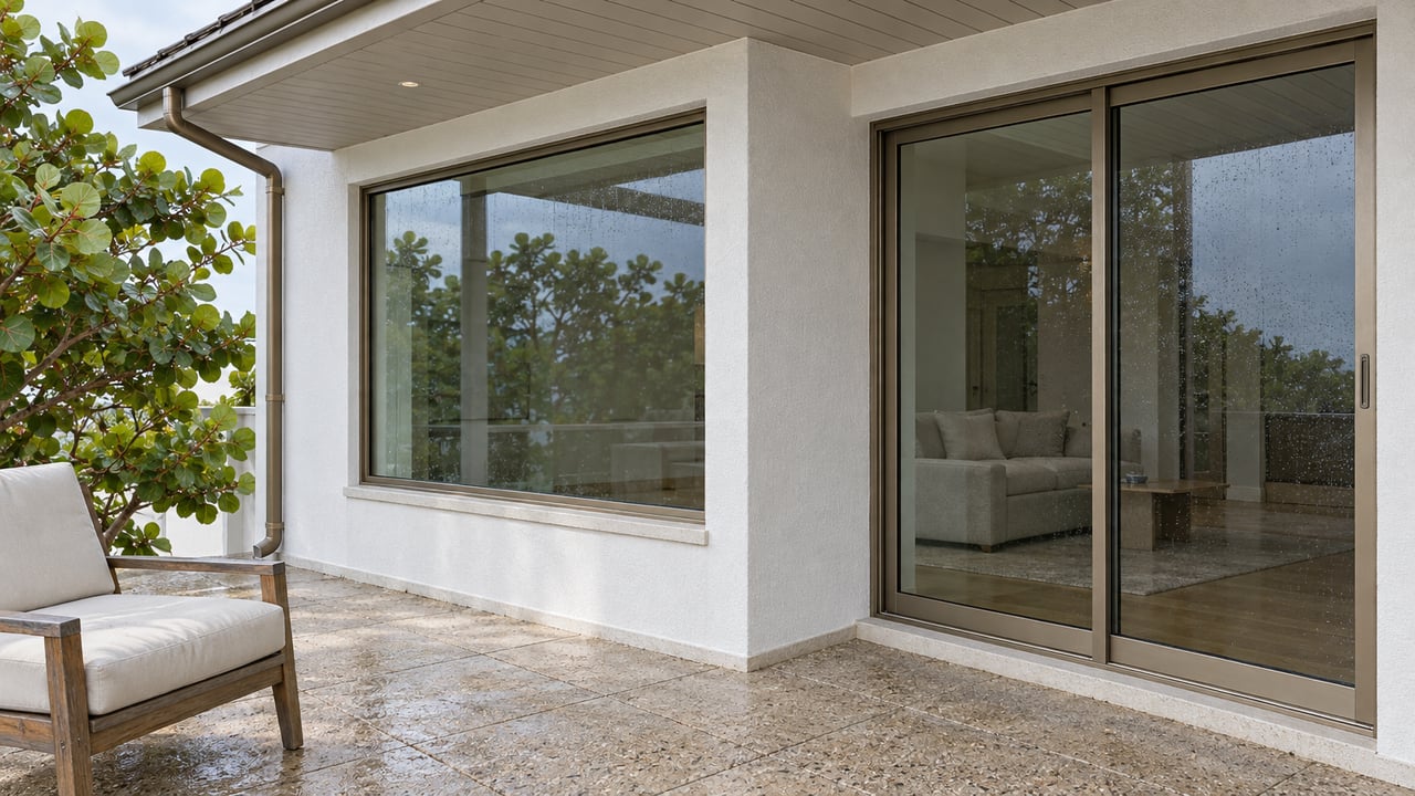 A covered terrace with shell-aggregate paving, a weathered teak chair, white stucco and closed bronze-framed glass doors in soft post-rain light.