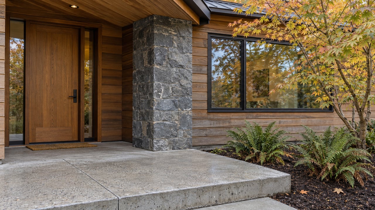 Covered home entry with weathered cedar siding, a basalt pier, black-framed glazing, and an autumn vine maple beside a concrete landing.