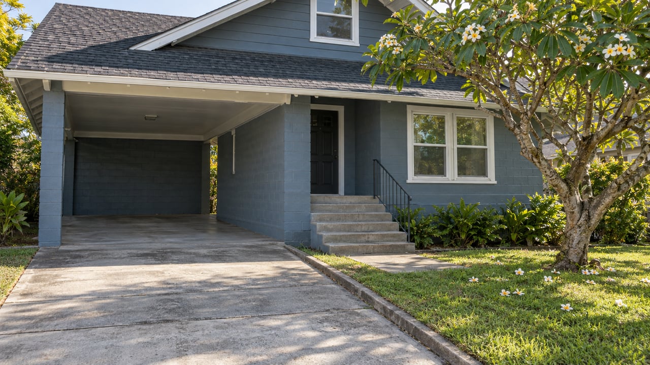 Slate-blue one-and-a-half-story home with an open carport, raised entry steps, and a branching plumeria tree.