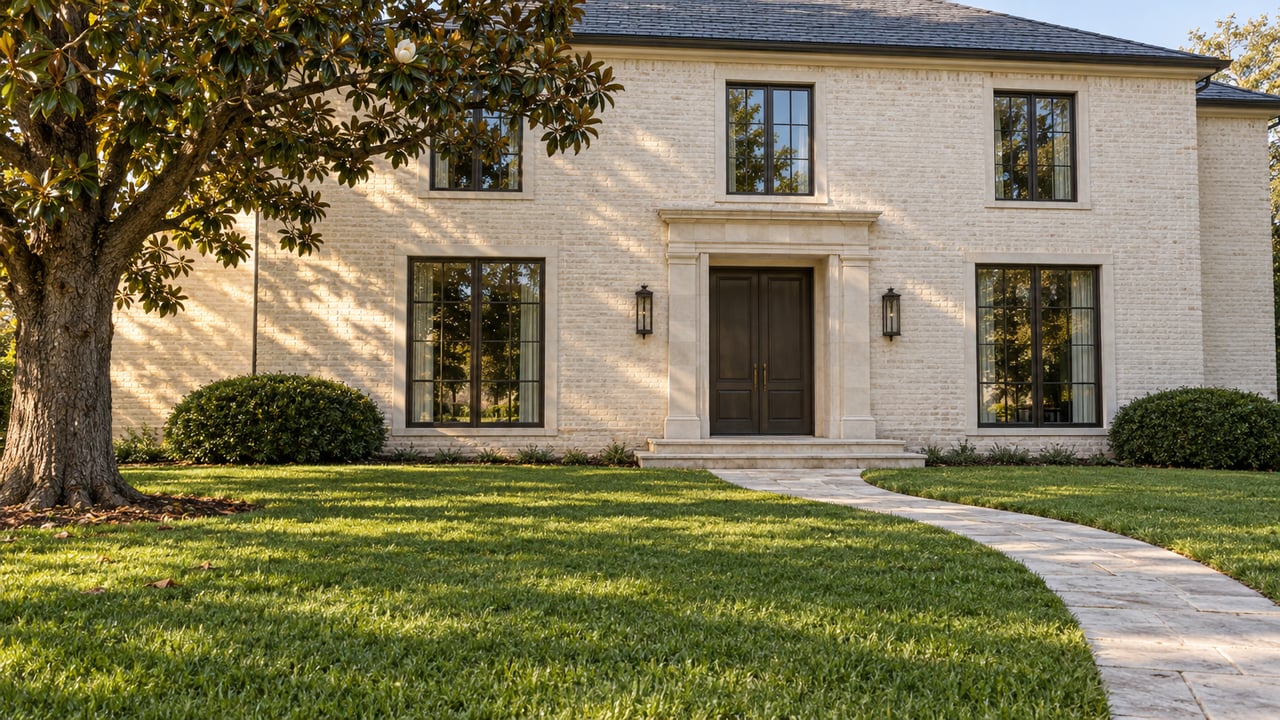 Ivory-brick house with bronze entry doors and windows, set behind a broad lawn and curved stone path.