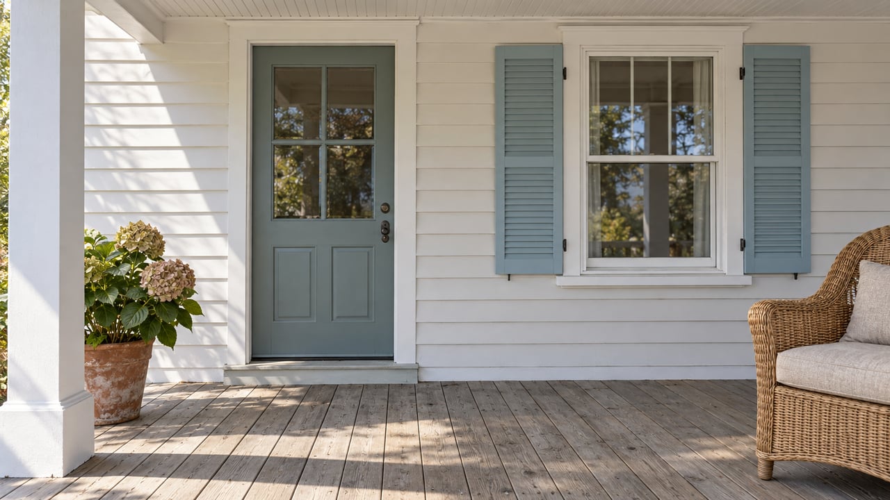 Sunlit cottage porch with weathered wood decking, a blue-green entry door, pale blue shutters and a woven chair.
