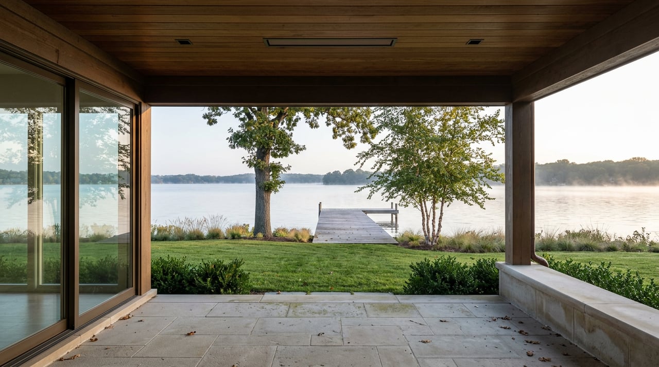 Covered stone terrace overlooking a sloping lawn, cedar dock, calm lake, and tree-lined shore.