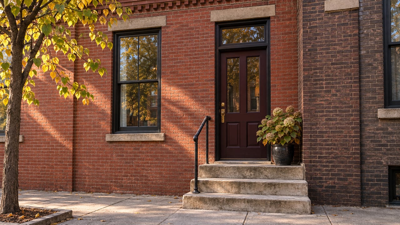 Red-brick townhouse with a burgundy door, limestone stoop, black handrail, and yellowing tree leaves.