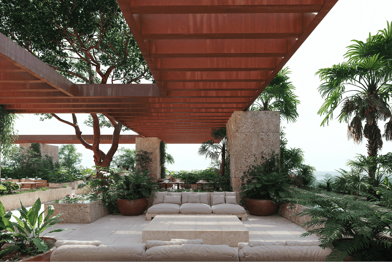 Ziggurat’s landscaped terrace with tropical palms, stone columns, and cushioned seating beneath a broad pergola.