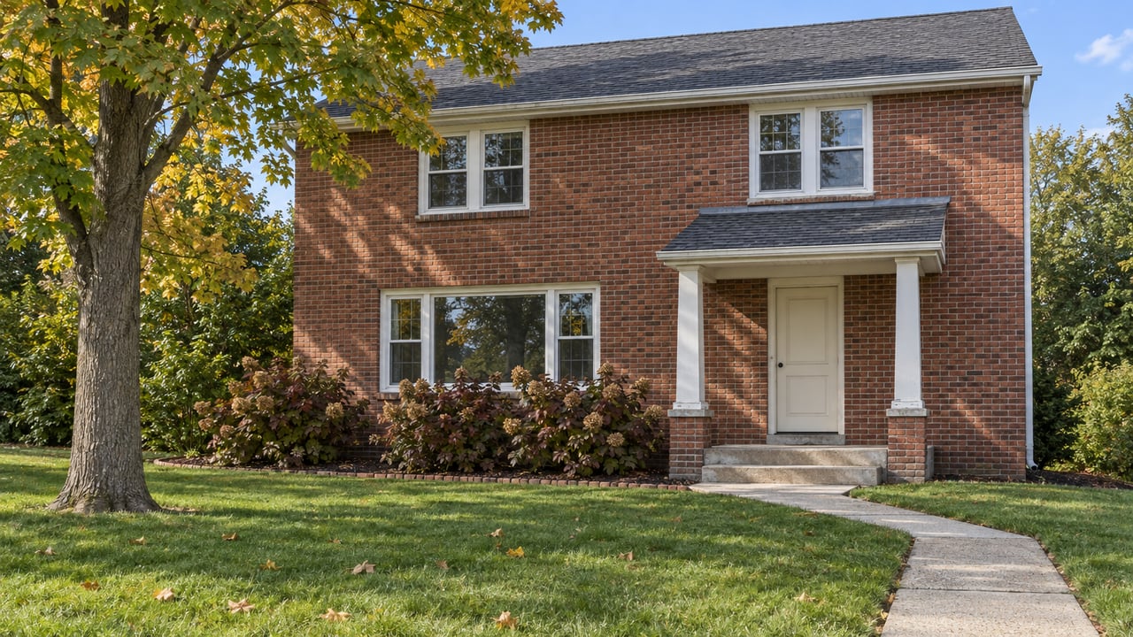 A well-kept two-story brick home behind a deep front lawn, with a small covered porch and autumn maple foliage.