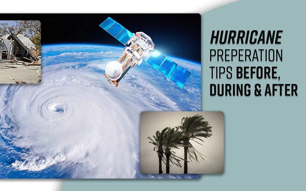Hurricane preparation tips graphic with a satellite view of a storm, hurricane-damaged house, and windblown palm trees.
