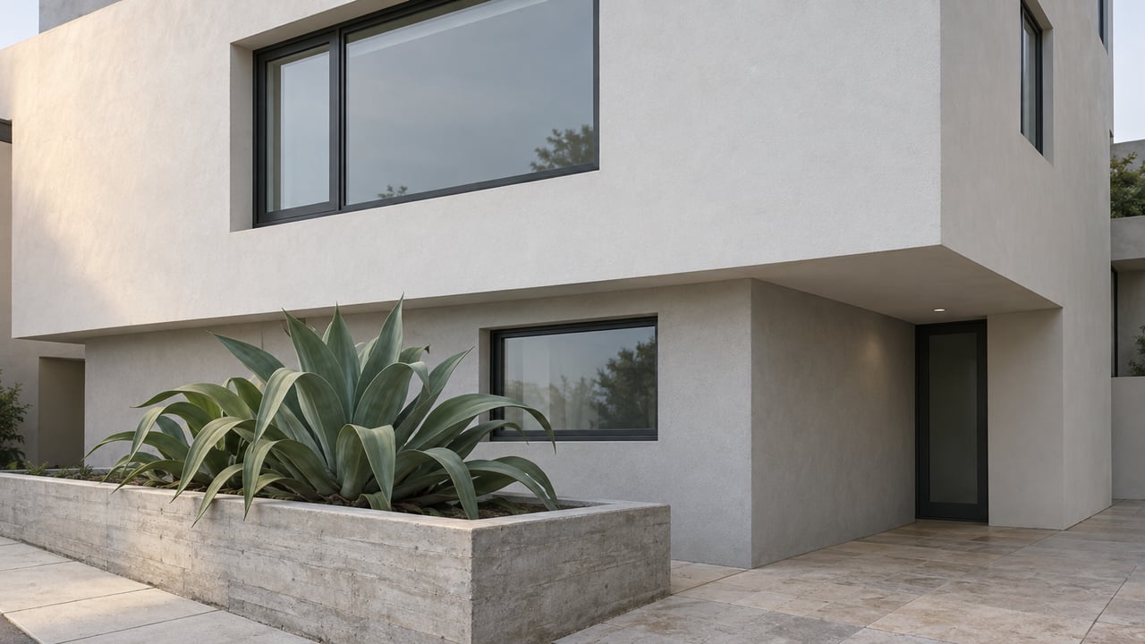 Coastal-modern stucco house with charcoal-framed windows and an agave in a raised concrete planter.