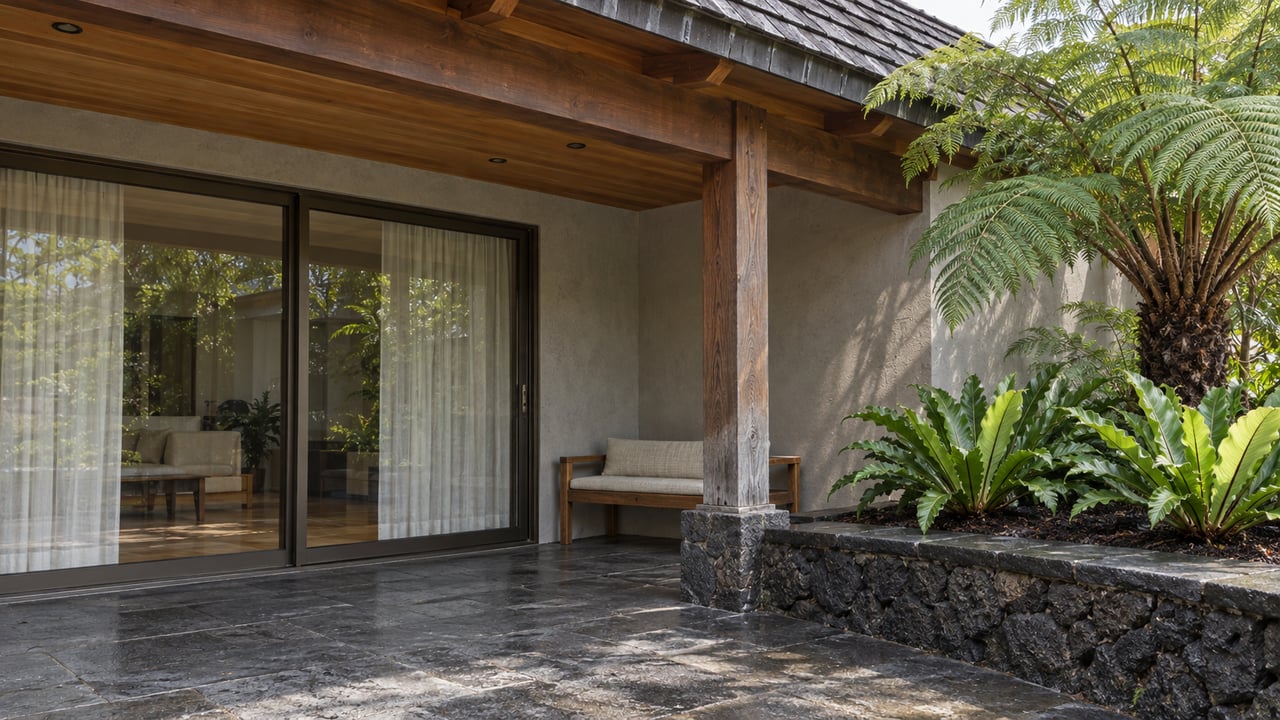 Timber-covered lanai with closed glass doors, a weathered teak bench, basalt paving, and ferns in a raised lava-stone bed.