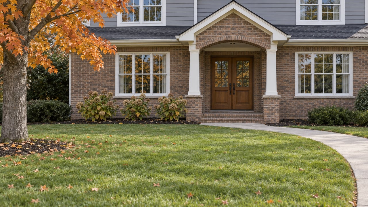 Brick and gray-sided two-story home with an arched entry, broad autumn lawn, and a copper-leaved maple.
