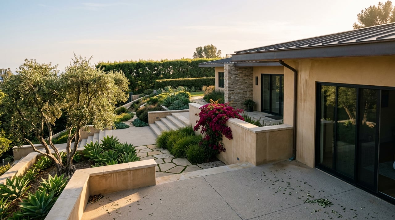 Stepped stone path descends through a terraced garden toward a stucco home, beneath a gnarled olive tree.