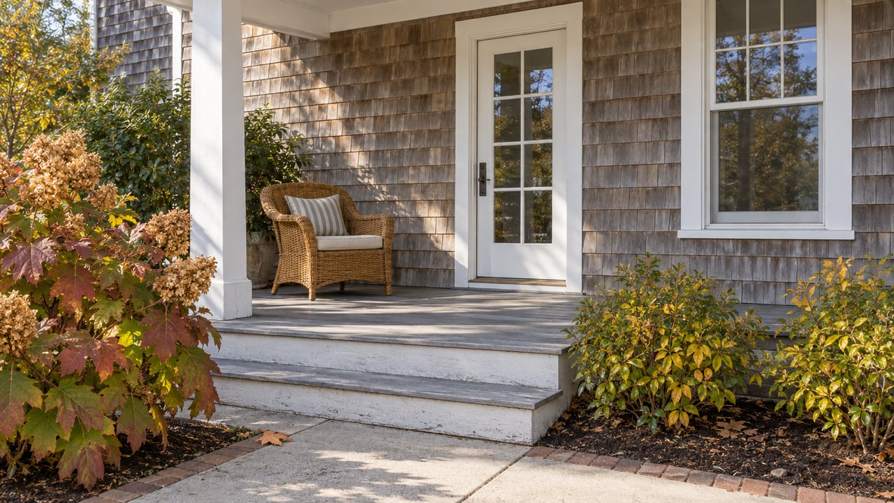 Weathered shingle house with a white-trimmed covered porch, wicker chair and autumn oakleaf hydrangea beside broad steps.