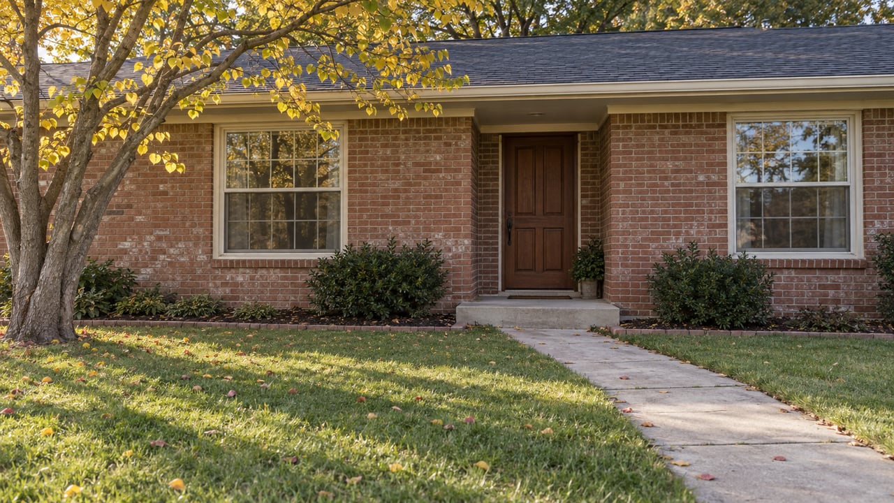 Red-brown brick ranch with a recessed wood door, two windows, and a redbud tree beside its lawn.