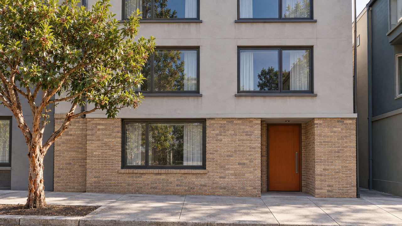 Three-story attached home with pale stucco, buff brick, orange door, and a pruned tree in the sidewalk.
