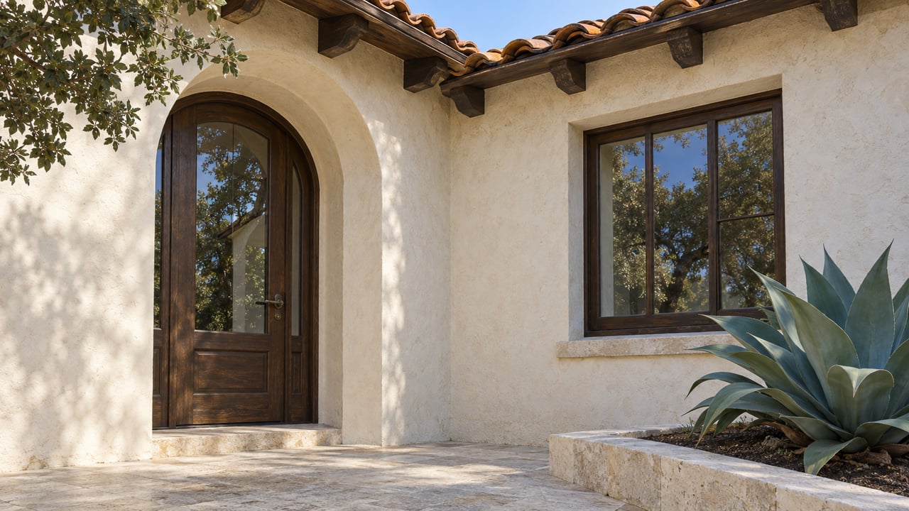 Warm plaster home entrance with an arched oak-and-glass door, recessed timber window, clay roof tiles and sculptural agave.