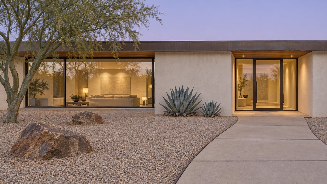 Low cream-stucco home at dusk behind a broad gravel forecourt, with a blue palo verde tree, two agaves and warm light behind bronze-framed windows.