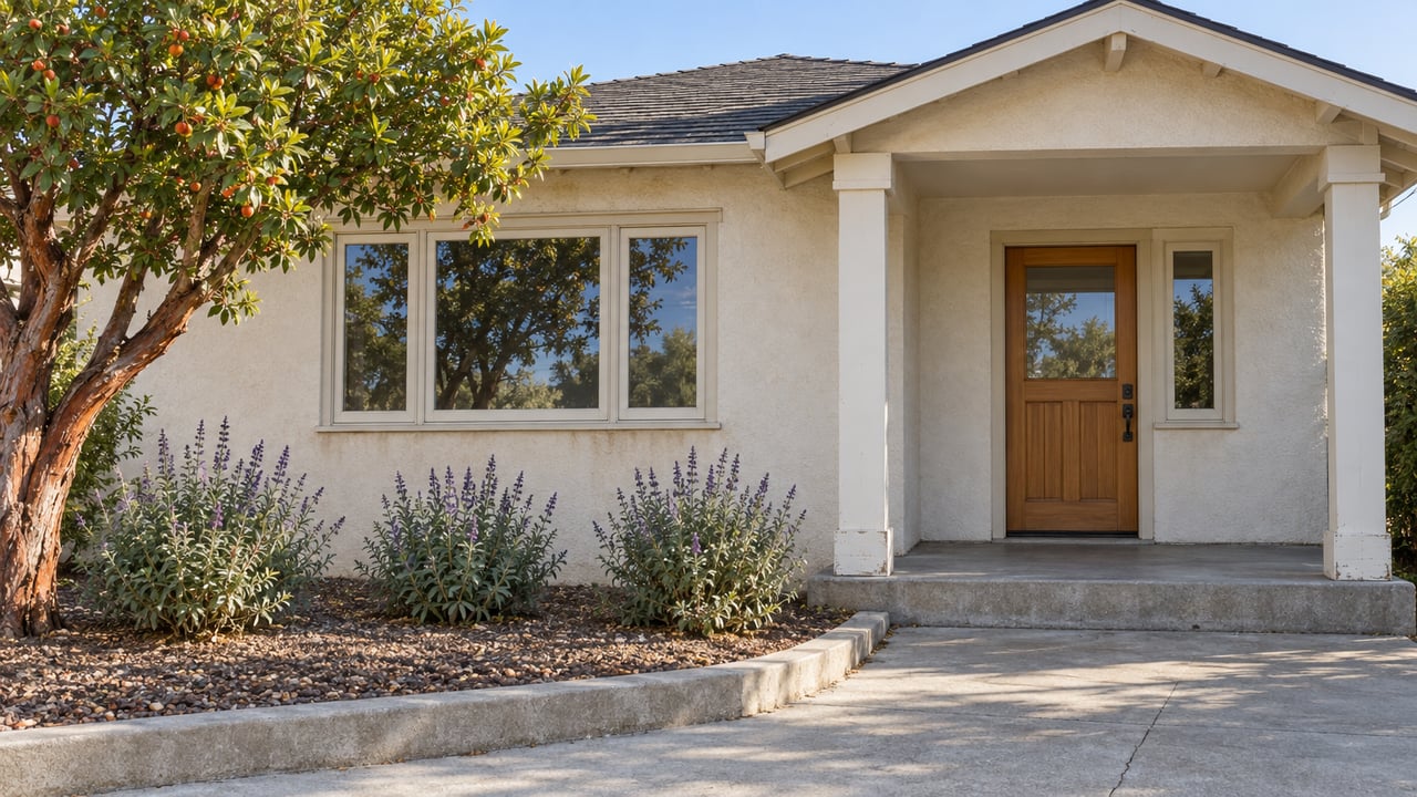 Warm ivory stucco home with a shaded timber-door porch, concrete walkway, strawberry tree and Cleveland sage.