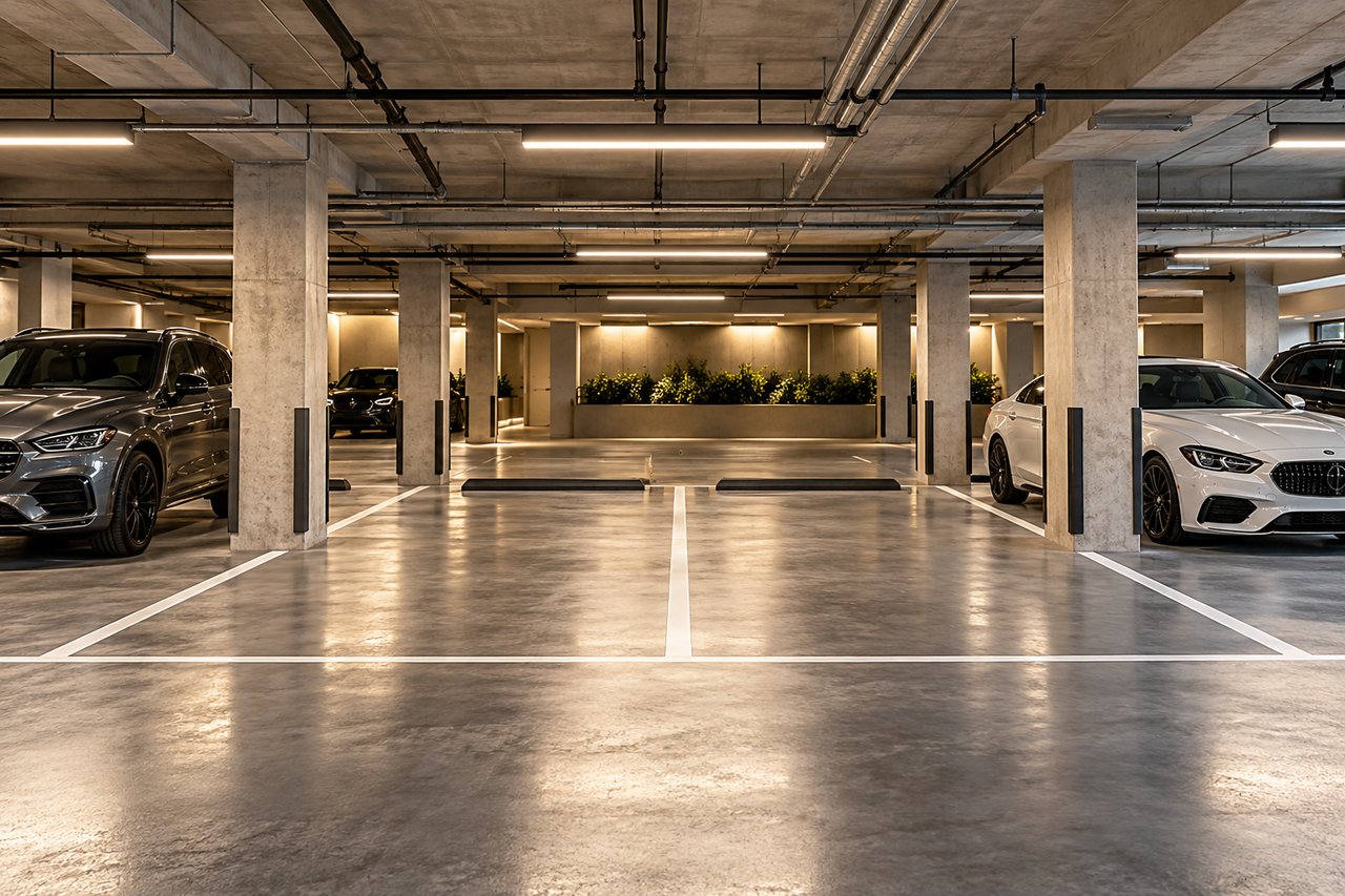 Condo parking garage with marked spaces, concrete pillars, and cars parked along the sides.