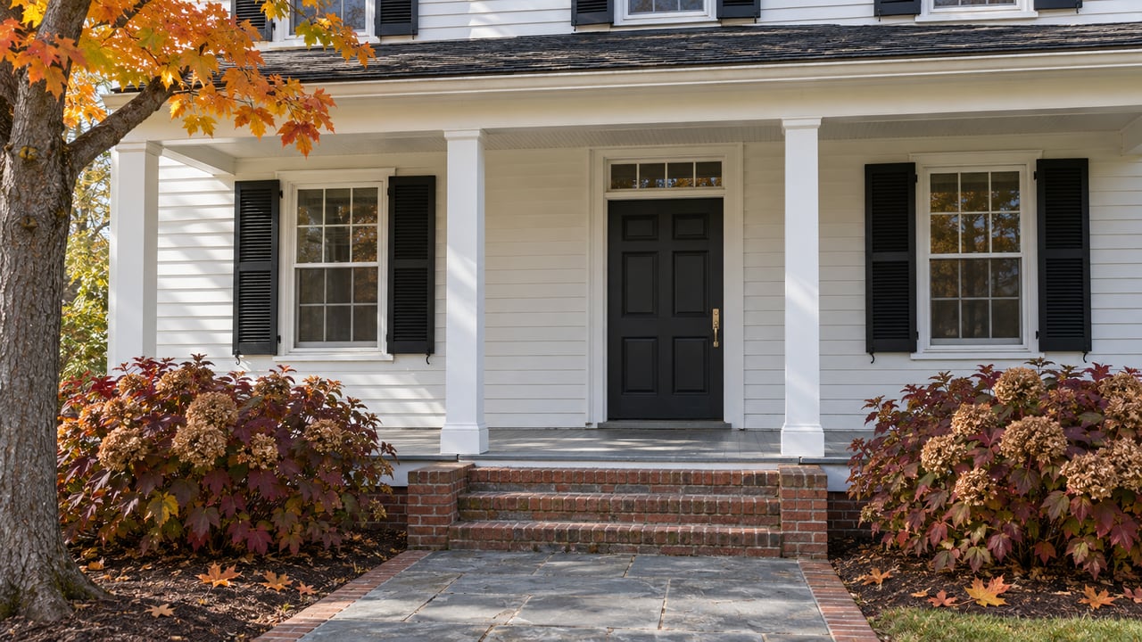 White clapboard home with a covered entry, black shutters, brick steps and bluestone path framed by amber maple leaves and burgundy oakleaf hydrangeas.