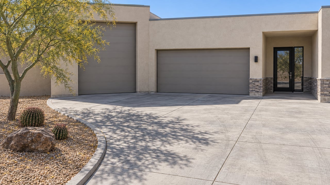 Sand-stucco home with tall RV garage, broad concrete apron, stone entry accents and carefully spaced desert plants.