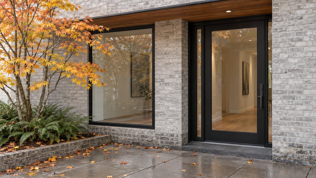 Residential entry with a black-framed glass door, matching window, and multistem tree in a raised brick bed.