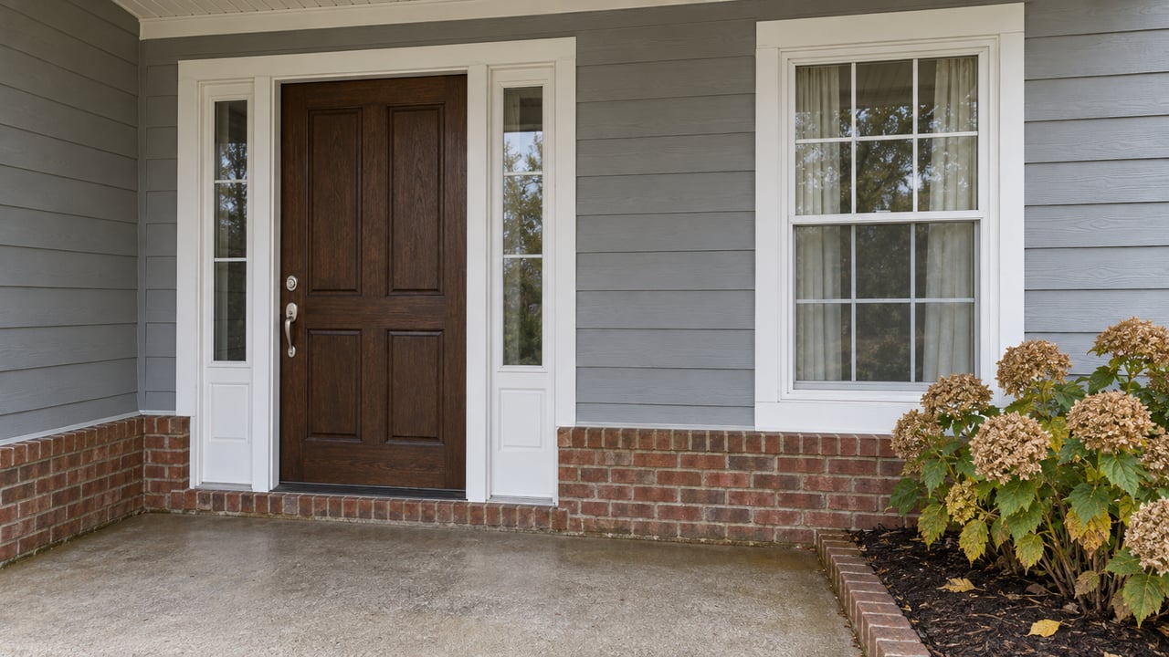 Gray-sided home entry with a brown wood door, white-framed windows, brick foundation and autumn hydrangeas beside a concrete porch.