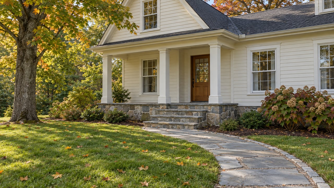 An updated traditional home with a stone porch, cream clapboard, a curved flagstone walk and an autumn maple beside an open lawn.