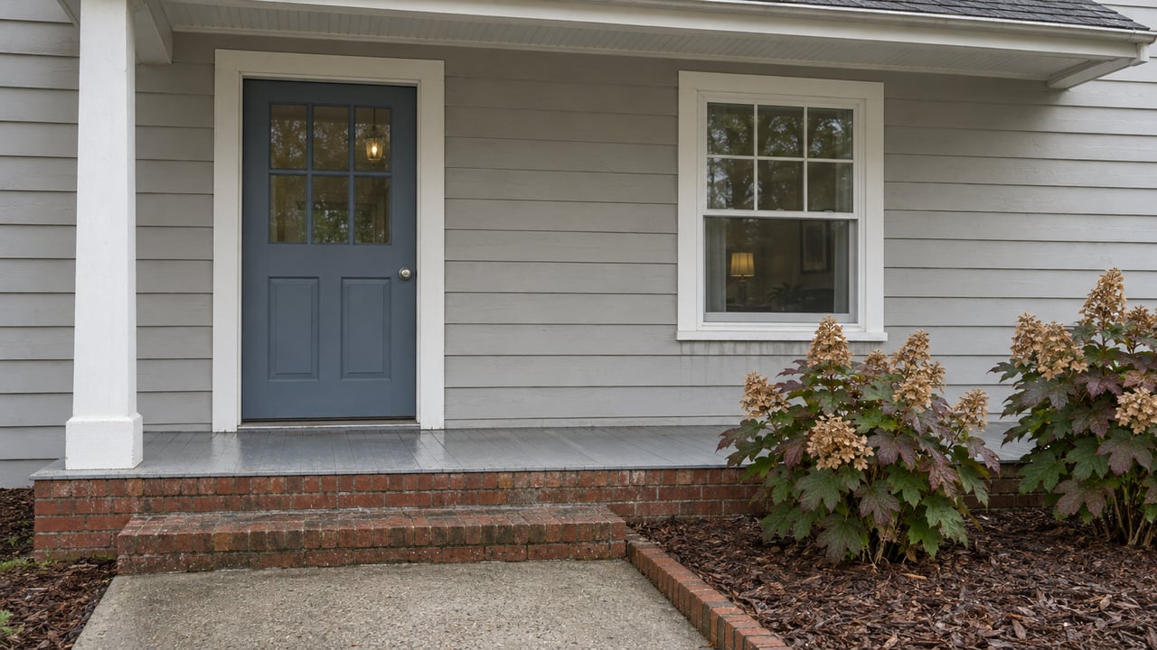 A covered home entry with pale gray lap siding, a blue-gray door, weathered brick steps, and oakleaf hydrangeas.