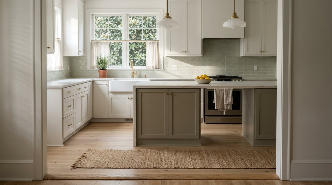 Kitchen with a gray-green island, lemon bowl, white farmhouse sink, and magnolia filling the window.