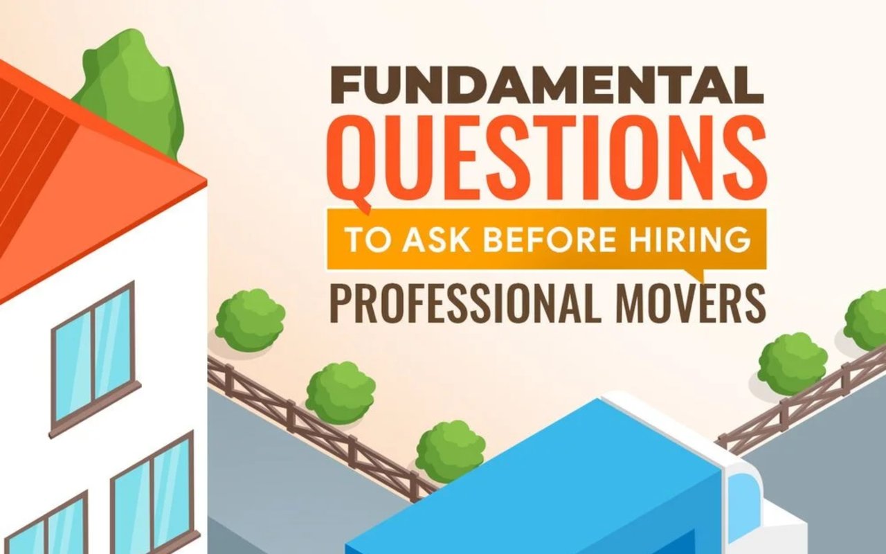 Illustration of a house and moving truck beside the title “Fundamental Questions to Ask Before Hiring Professional Movers.”