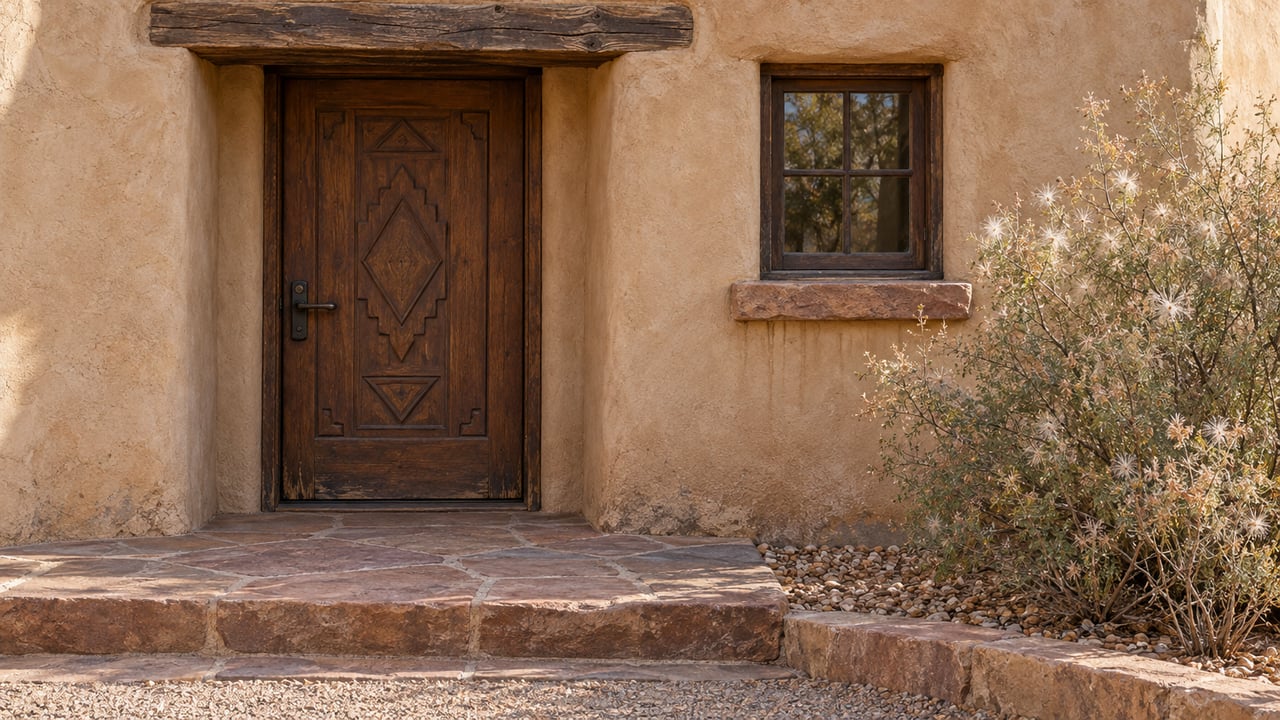 Sunlight grazes an adobe home's carved wooden entry, sandstone steps and a single Apache plume shrub.