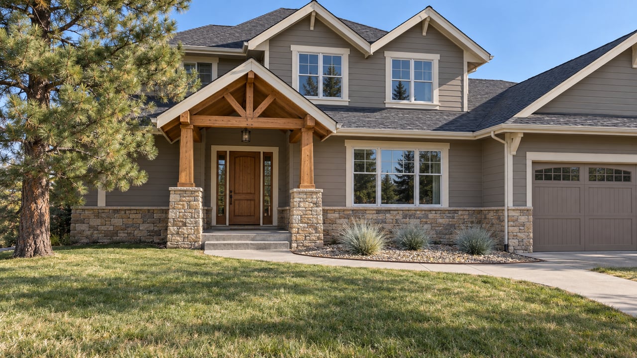 Two-story home with gray lap siding, stone porch piers and timber posts beyond a broad autumn lawn.