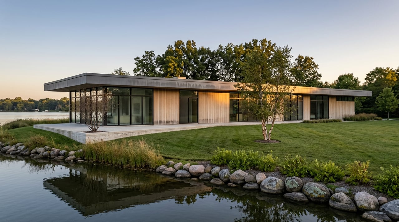 Contemporary lake home with a cantilevered roof, broad glazing, and fieldstone shoreline reflected in still water.