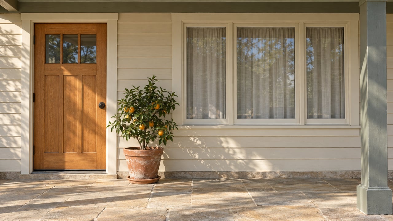 Morning light on a painted wood bungalow porch with an oak door, broad framed window, sandstone floor and a potted orange tree.