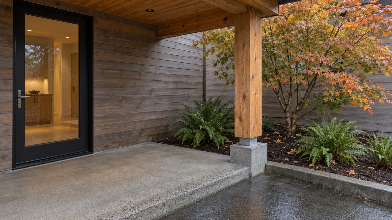 A sheltered cedar-clad home entrance with a closed glass door, timber post, and concrete steps beside autumn vine maple and sword ferns.