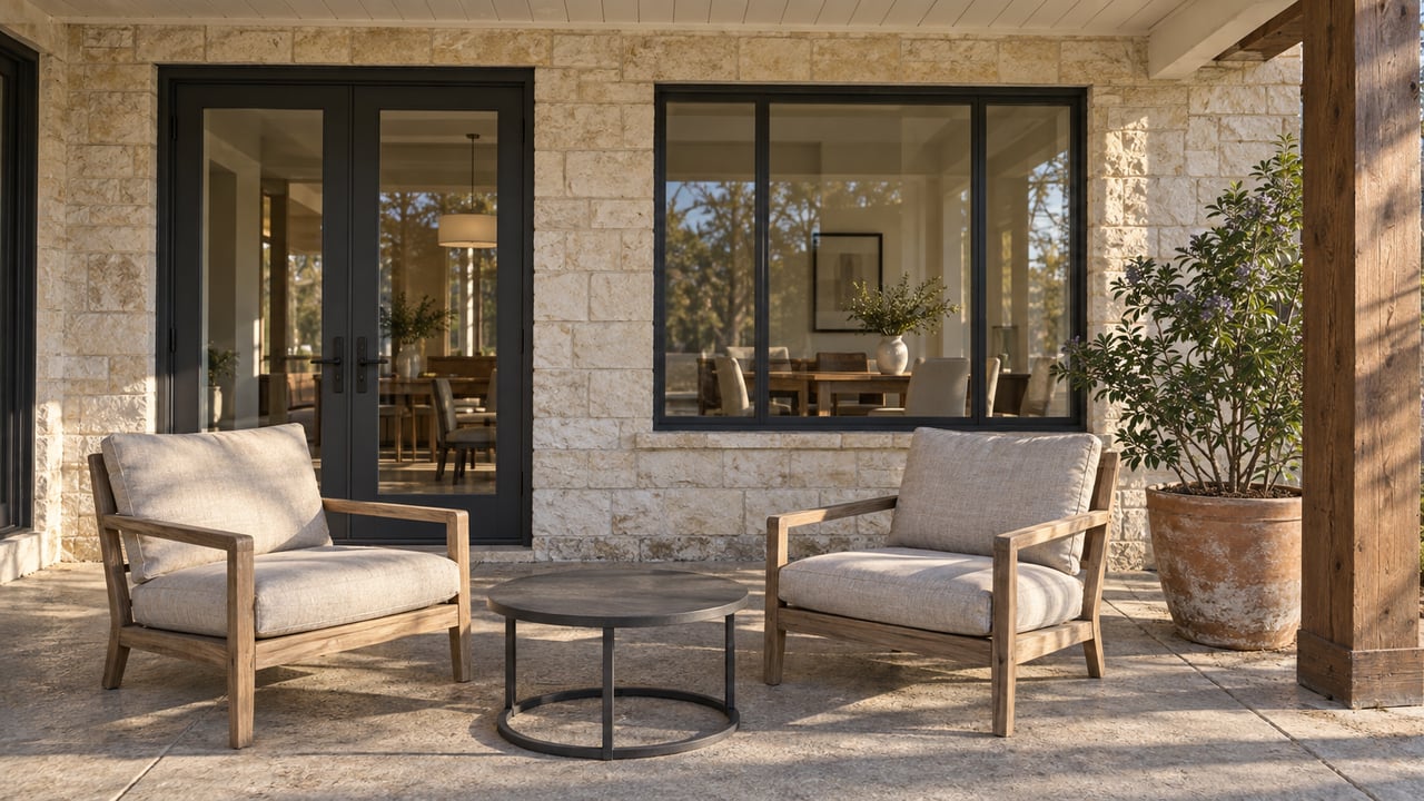 Covered stone patio with weathered teak chairs, glazed double doors and a potted Texas mountain laurel in clear morning light.