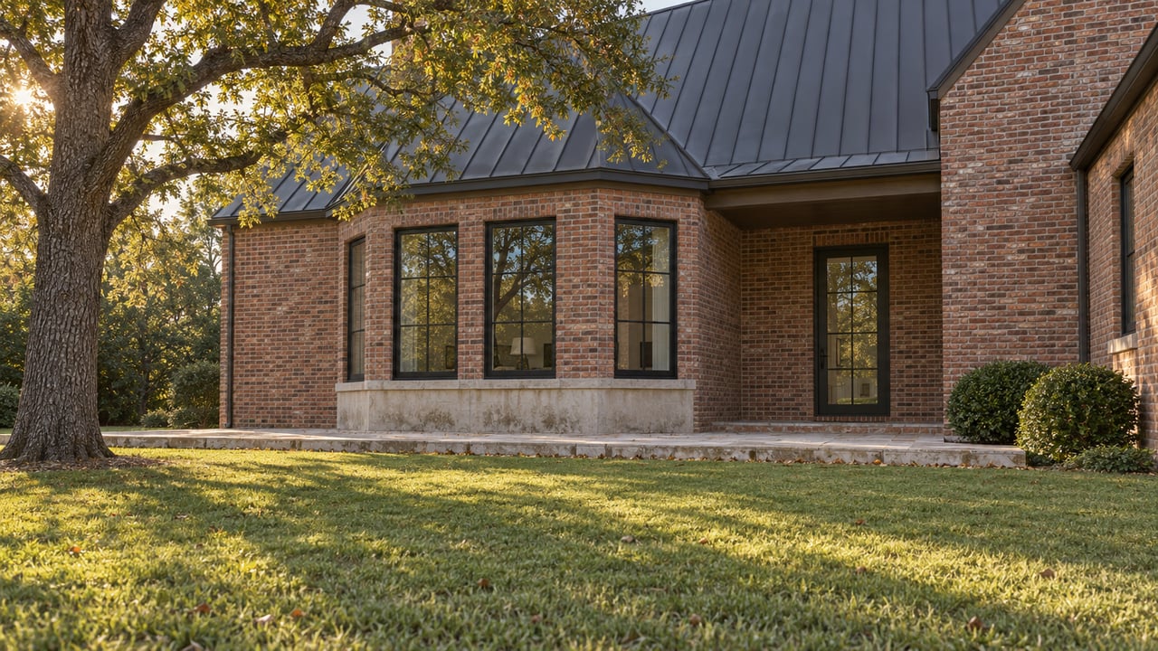 Brick garden elevation with black-framed windows, a broad lawn, and a mature oak tree.