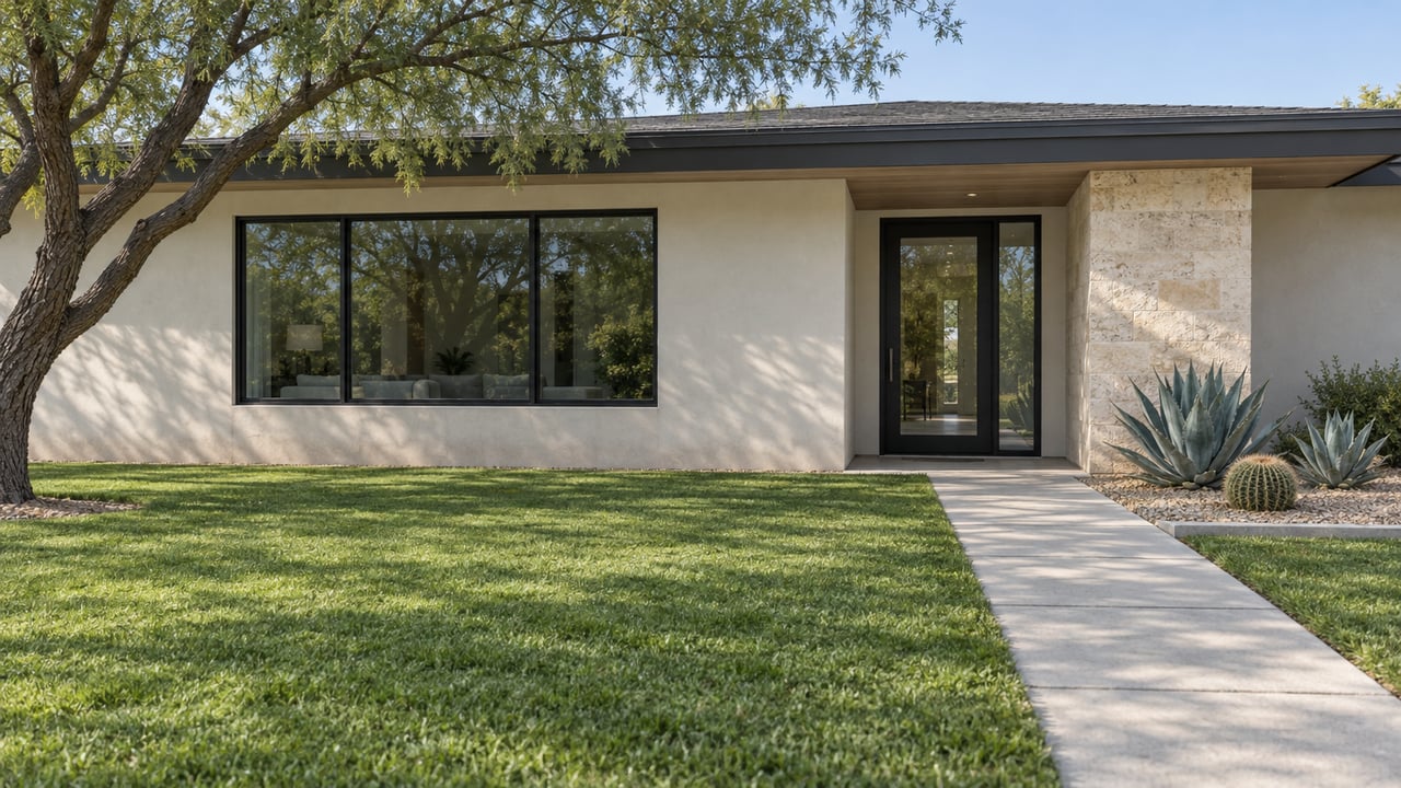 Single-story stucco home with black-framed glazing, a deep green lawn, a mature mesquite tree, and a gravel entry bed with two agaves and a barrel cactus.